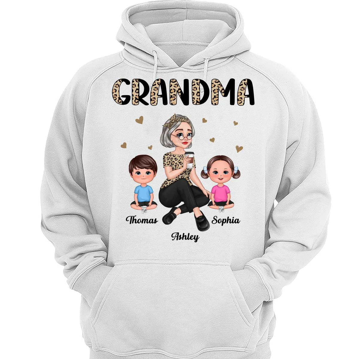 Half Leopard Pretty Cartoon Grandma & Doll Kids Personalized Shirt - Image 3