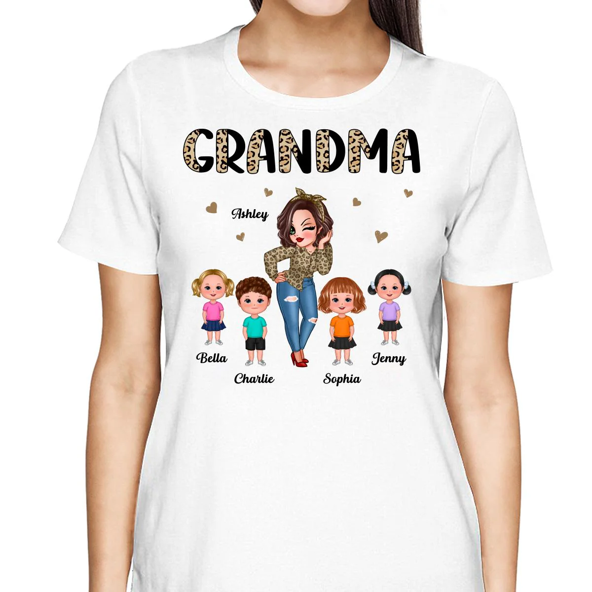 Half Leopard Pretty Grandma With Grandkids Personalized Shirt - Image 2