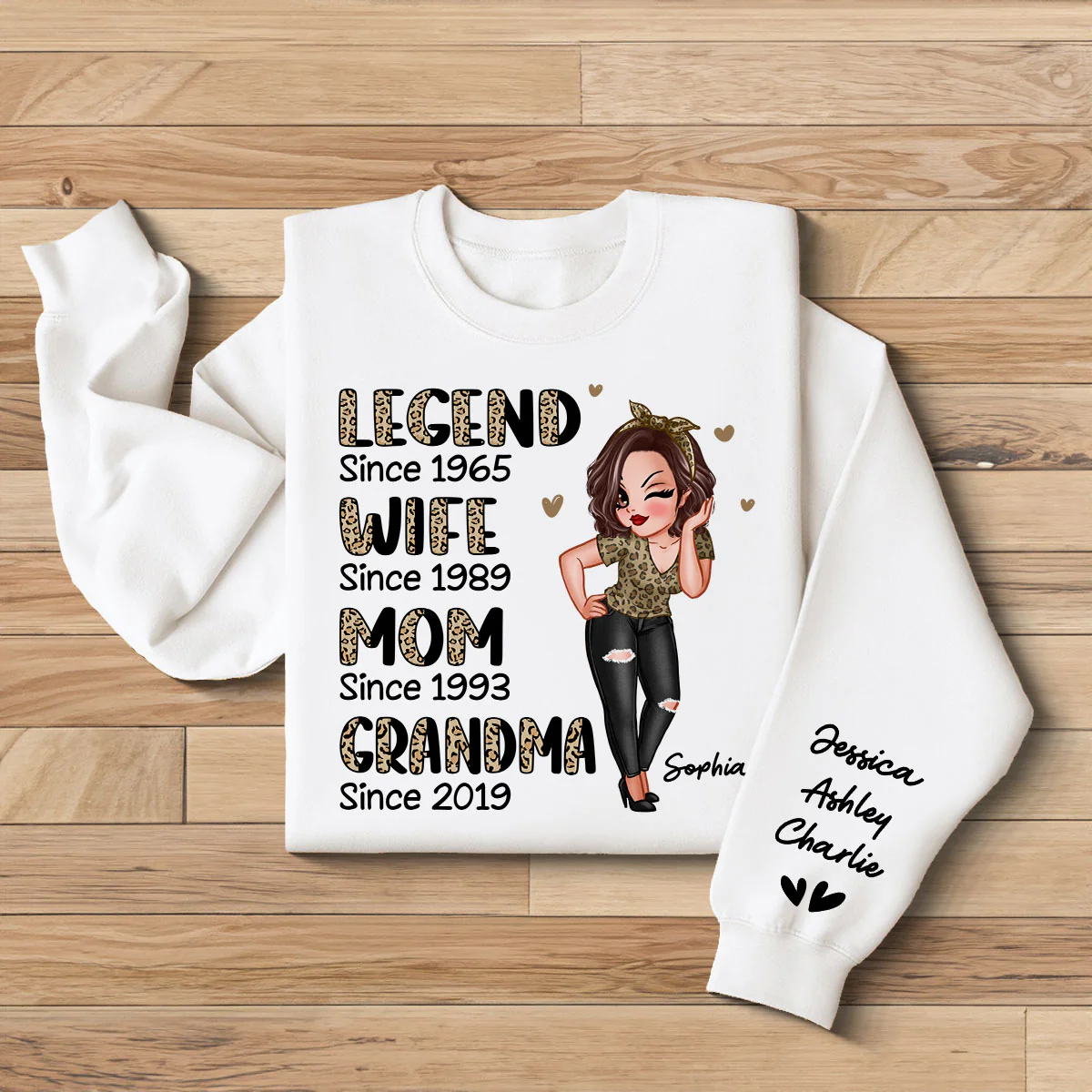 Half Leopard Sassy Legend Wife Mom Grandma Personalized Sleeve Printed Sweatshirt - Image 2