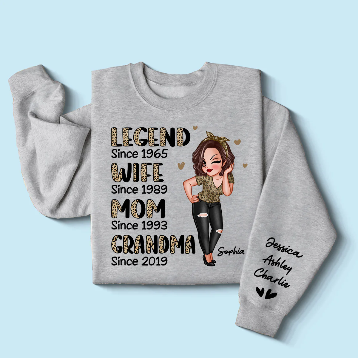 Half Leopard Sassy Legend Wife Mom Grandma Personalized Sleeve Printed Sweatshirt - Image 3