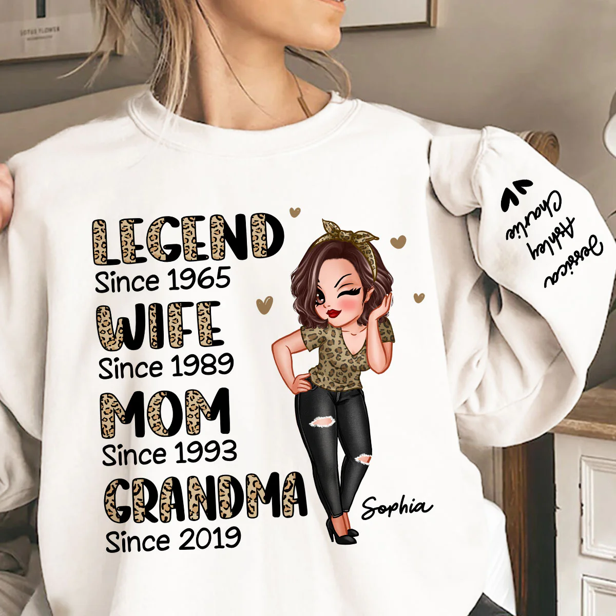 Half Leopard Sassy Legend Wife Mom Grandma Personalized Sleeve Printed Sweatshirt - Image 5