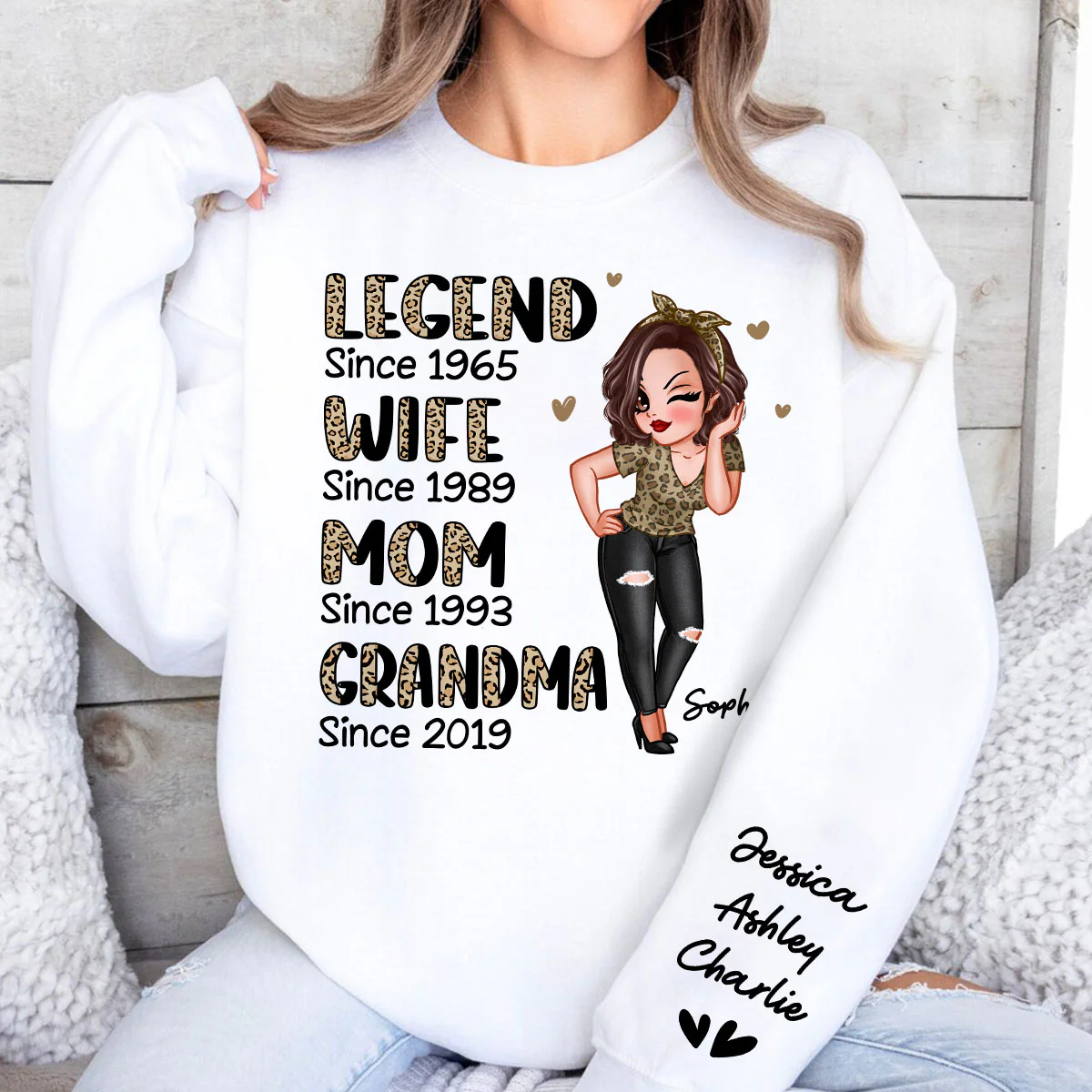 Half Leopard Sassy Legend Wife Mom Grandma Personalized Sleeve Printed Sweatshirt - Image 6