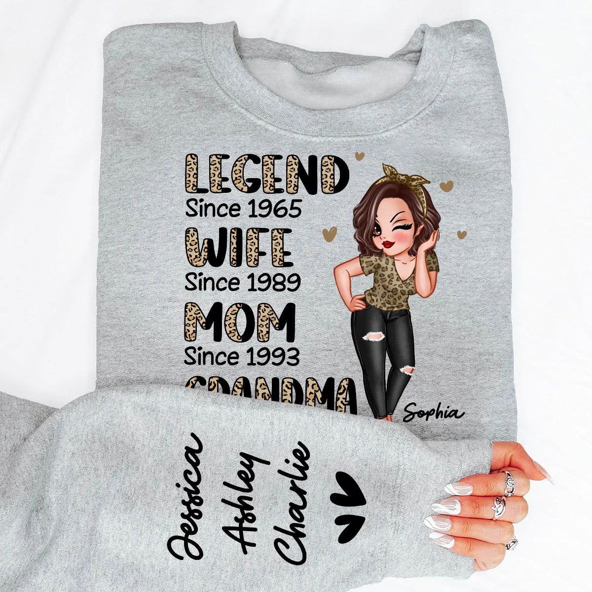 Half Leopard Sassy Legend Wife Mom Grandma Personalized Sleeve Printed Sweatshirt - Image 7