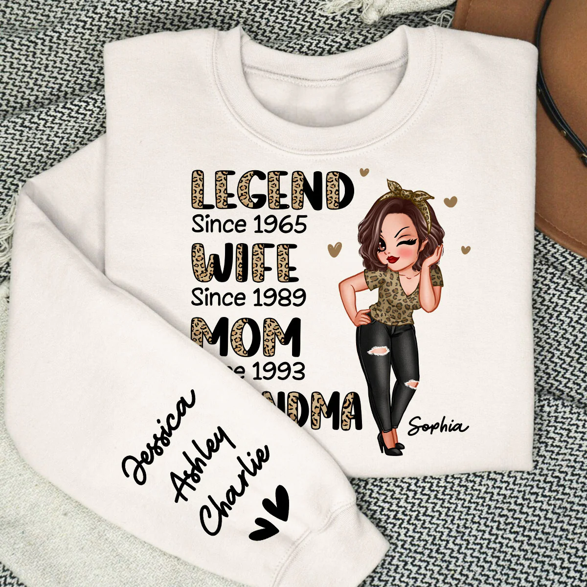 Half Leopard Sassy Legend Wife Mom Grandma Personalized Sleeve Printed Sweatshirt - Image 8