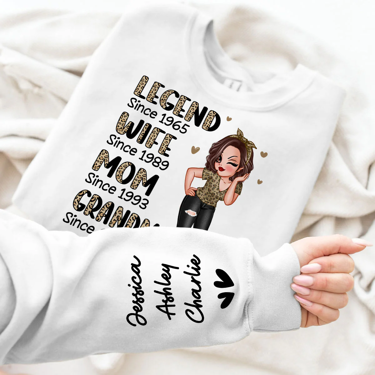 Half Leopard Sassy Legend Wife Mom Grandma Personalized Sleeve Printed Sweatshirt - Image 9