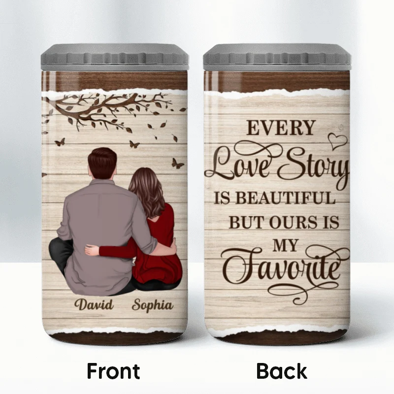 Half Texture Couple Sitting Back View Personalized 4 In 1 Can Cooler - Image 10