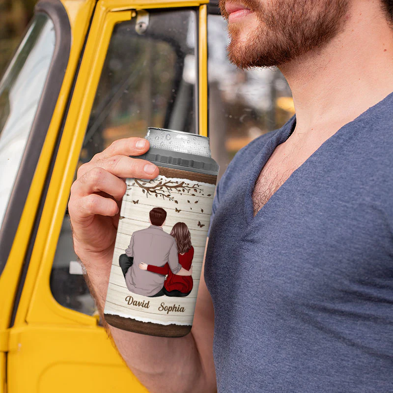 Half Texture Couple Sitting Back View Personalized 4 In 1 Can Cooler - Image 5