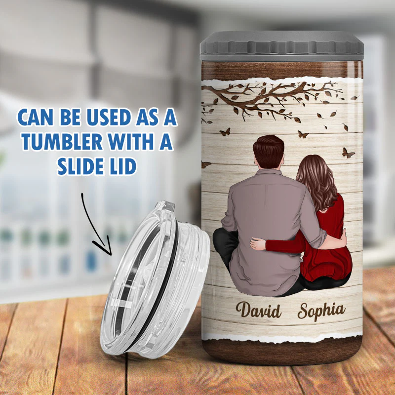 Half Texture Couple Sitting Back View Personalized 4 In 1 Can Cooler - Image 9