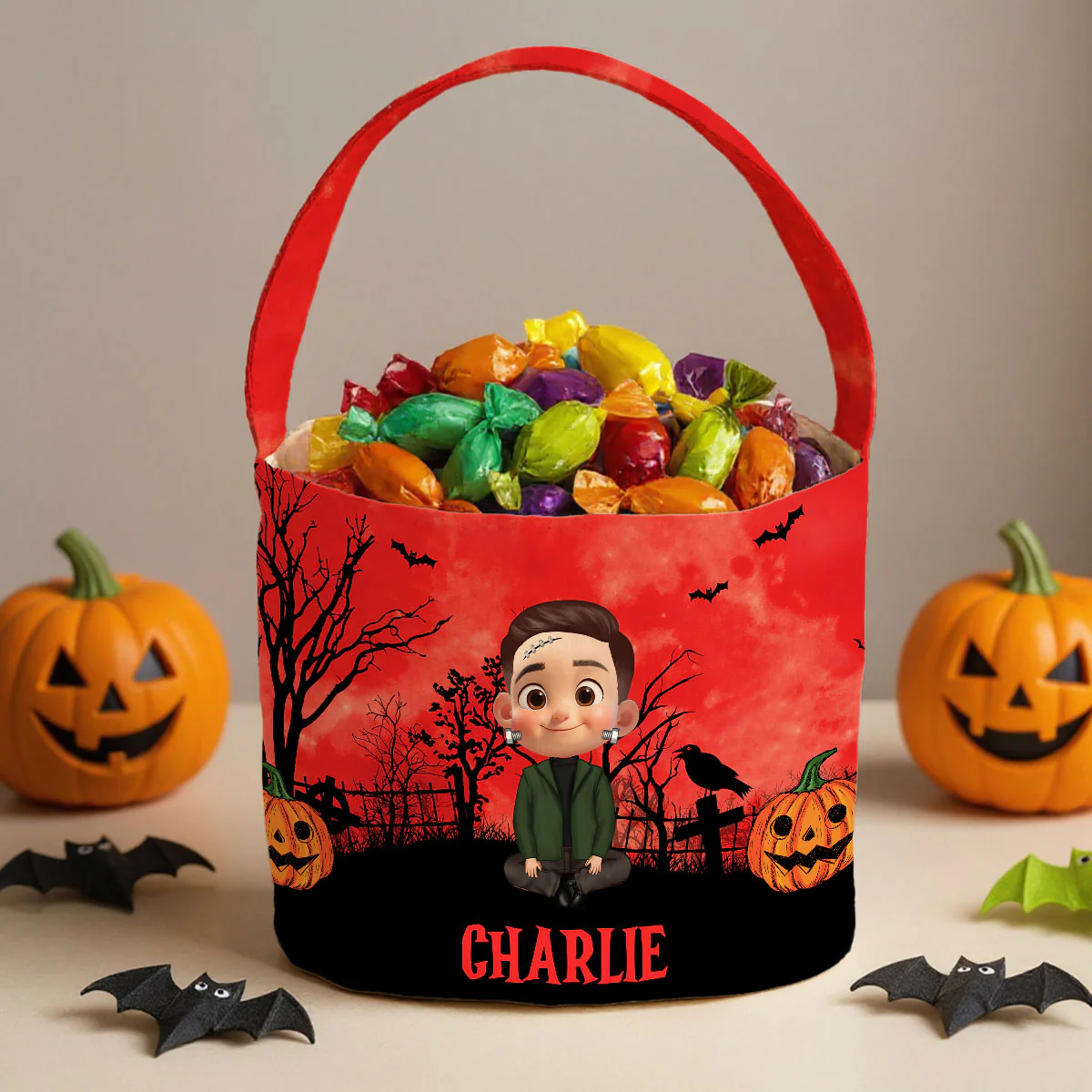 Halloween 3D Background Cartoon Kids Personalized Trick or Treat Basket - Image 4