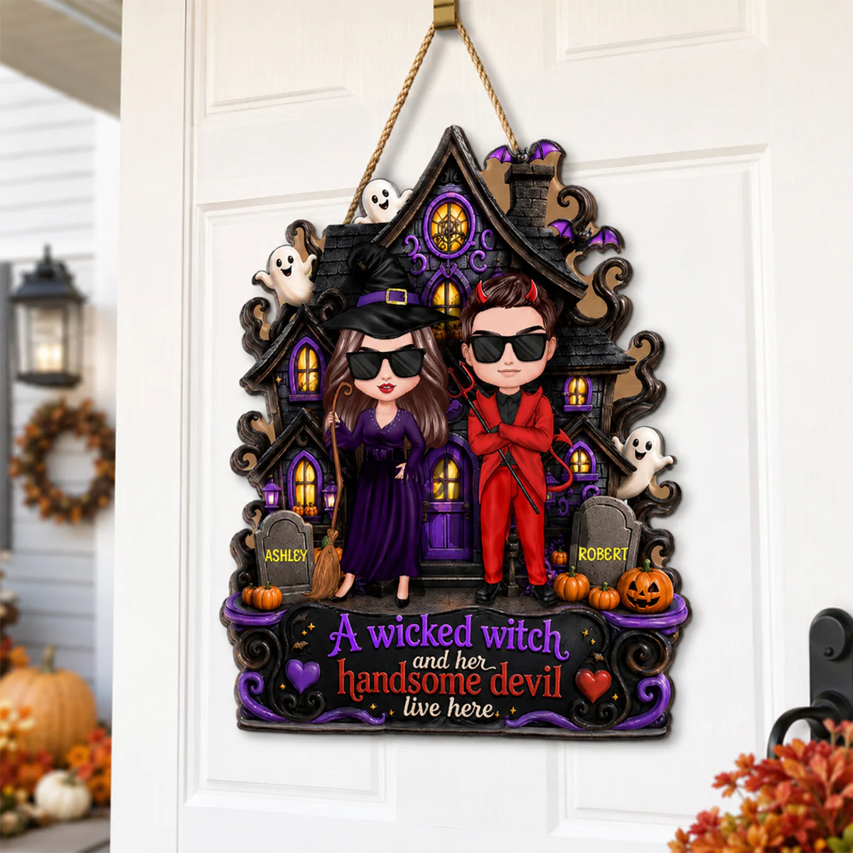Halloween A Wicked Witch and Her Handsome Devil Live Here - Personalized Door Sign - Summerween Decor for Couples - Image 2
