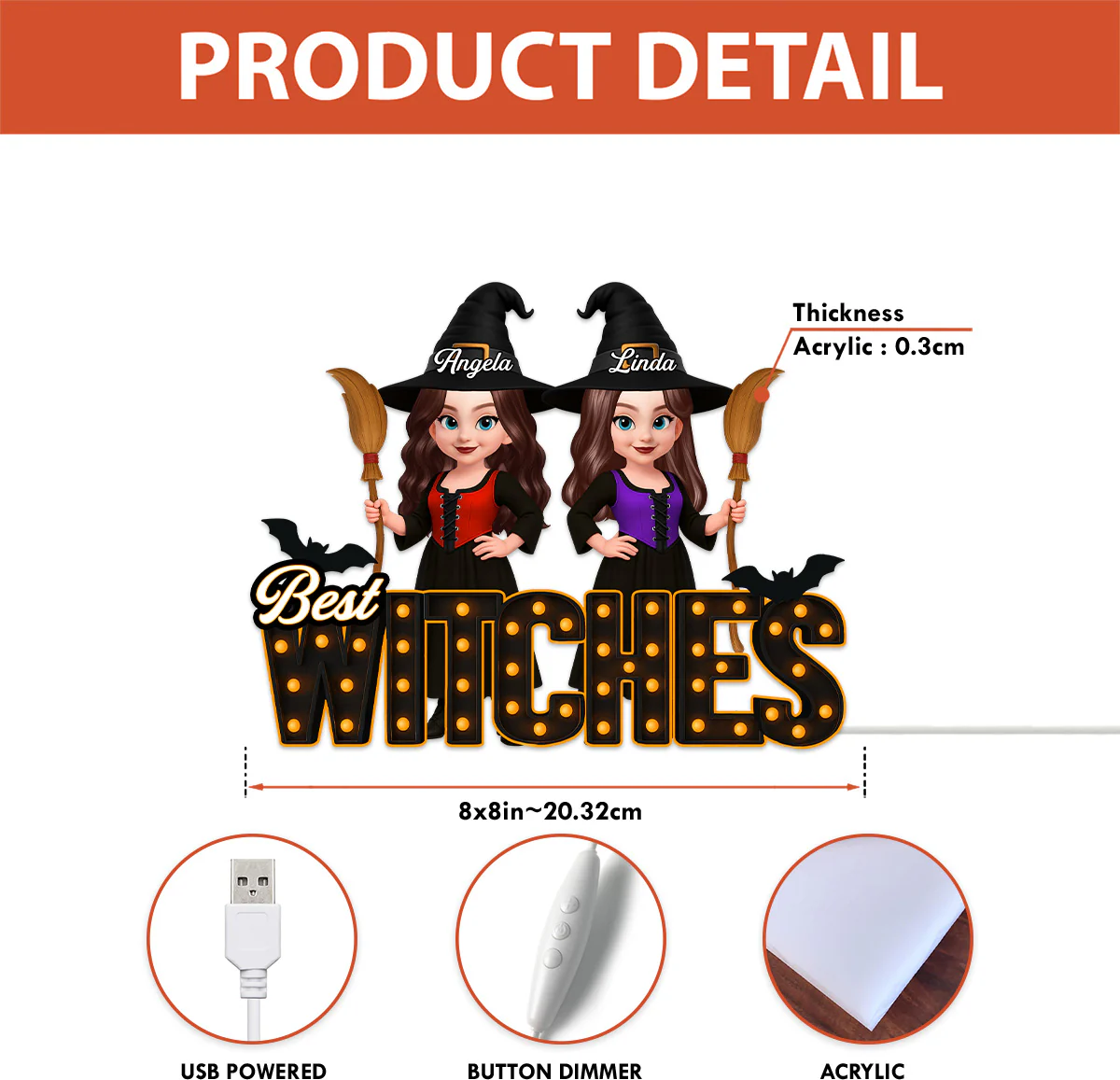 Halloween Best Witches Besties Marquee Pattern Letters Personalized Light Box - Image 3