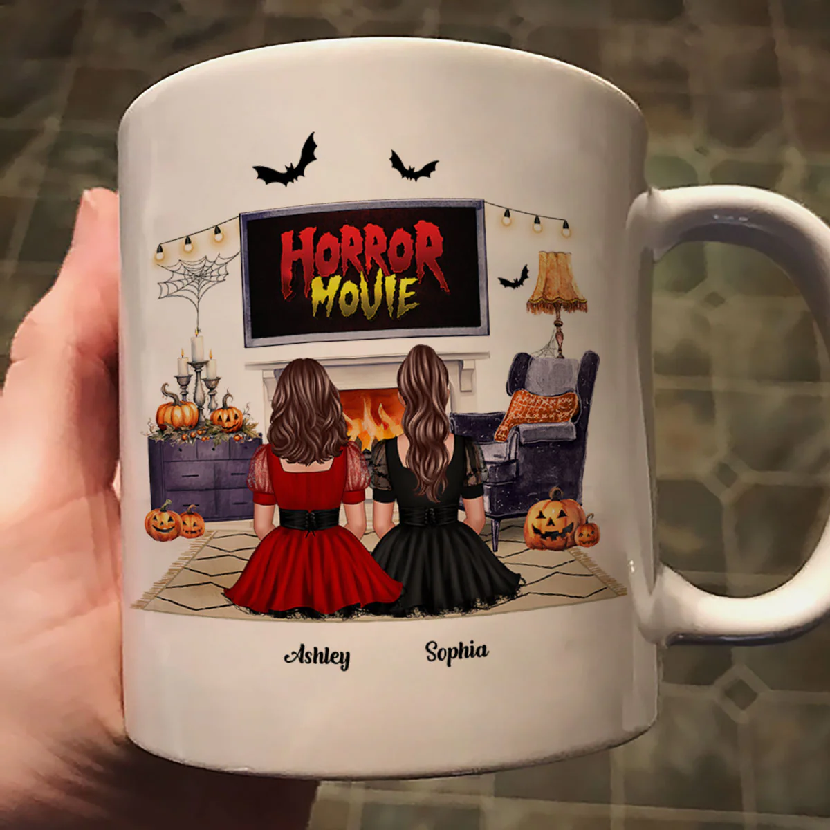 Halloween Besties Sisters Watching Horror Movie Personalized Mug - Image 2