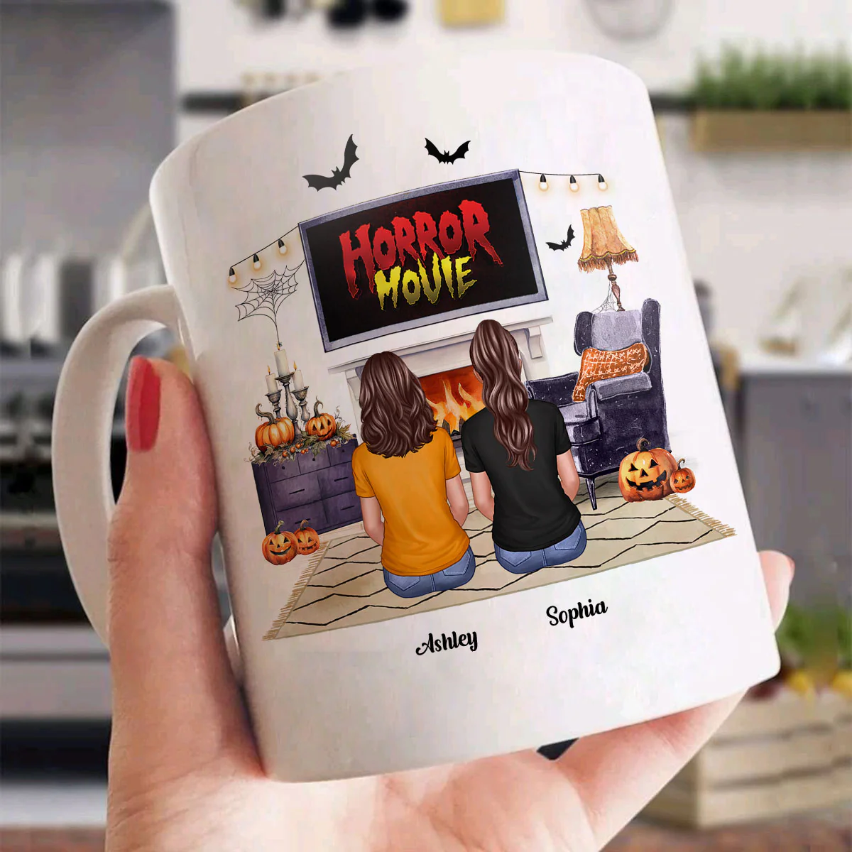 Halloween Besties Sisters Watching Horror Movie Personalized Mug - Image 3