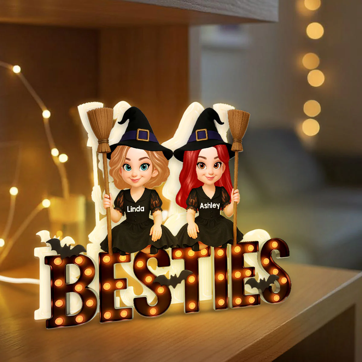 Halloween Besties Sisters Witches Sitting On Marquee Personalized Light Box - Image 2
