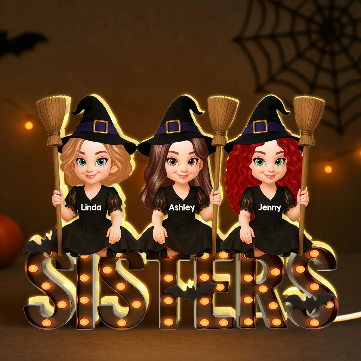 Halloween Besties Sisters Witches Sitting On Marquee Personalized Light Box - Image 3