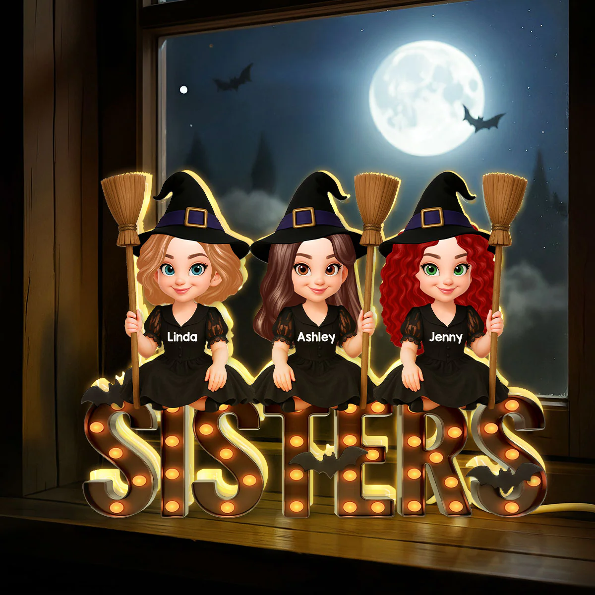 Halloween Besties Sisters Witches Sitting On Marquee Personalized Light Box - Image 4