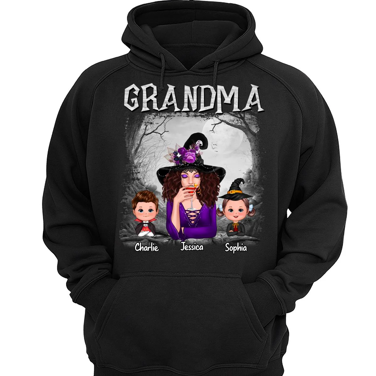 Halloween Black And White Forest Grandma With Grandkids Personalized Shirt - Image 3