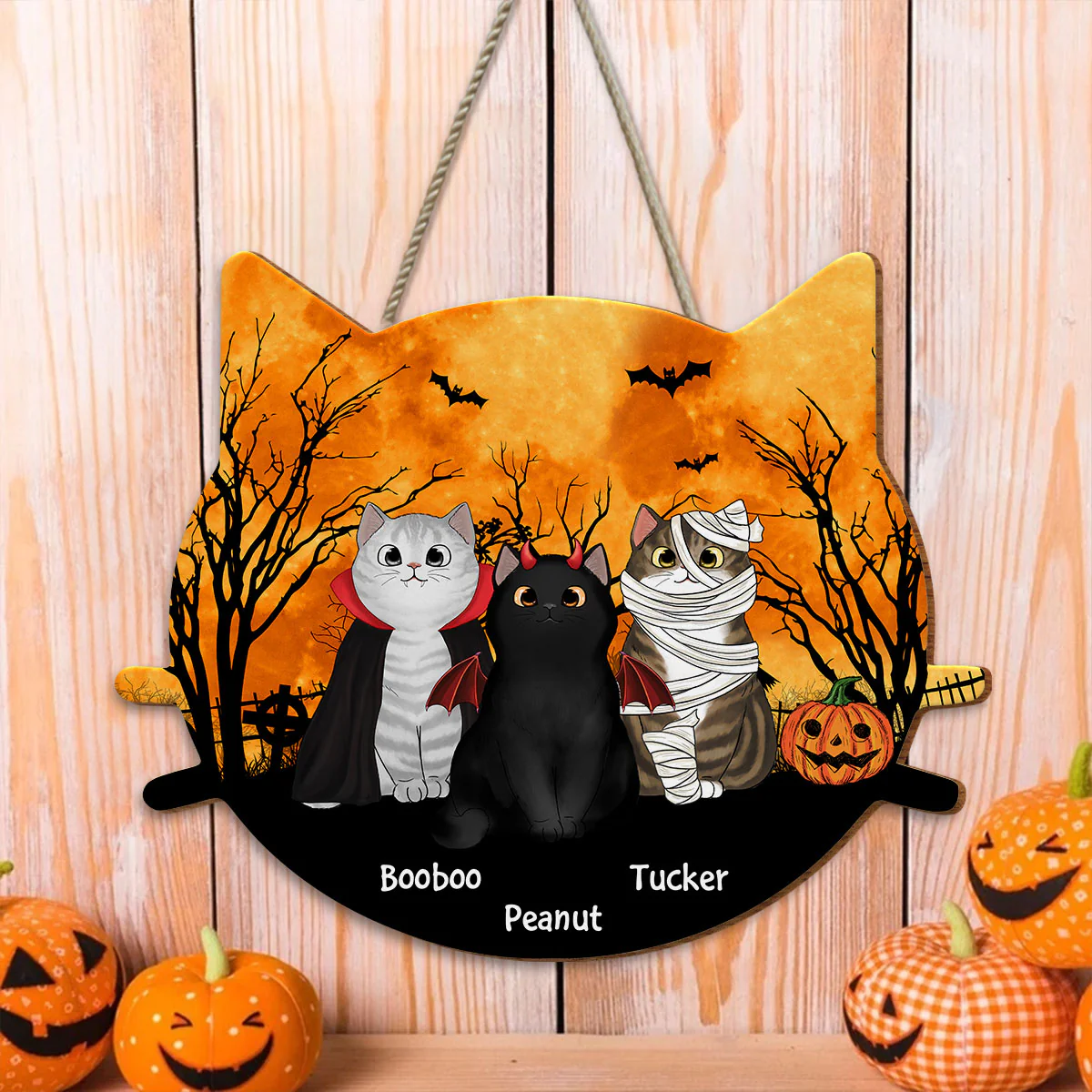 Halloween Cat Face Shaped Personalized Wooden Door Sign, Halloween Decor For Cat Moms - Image 10