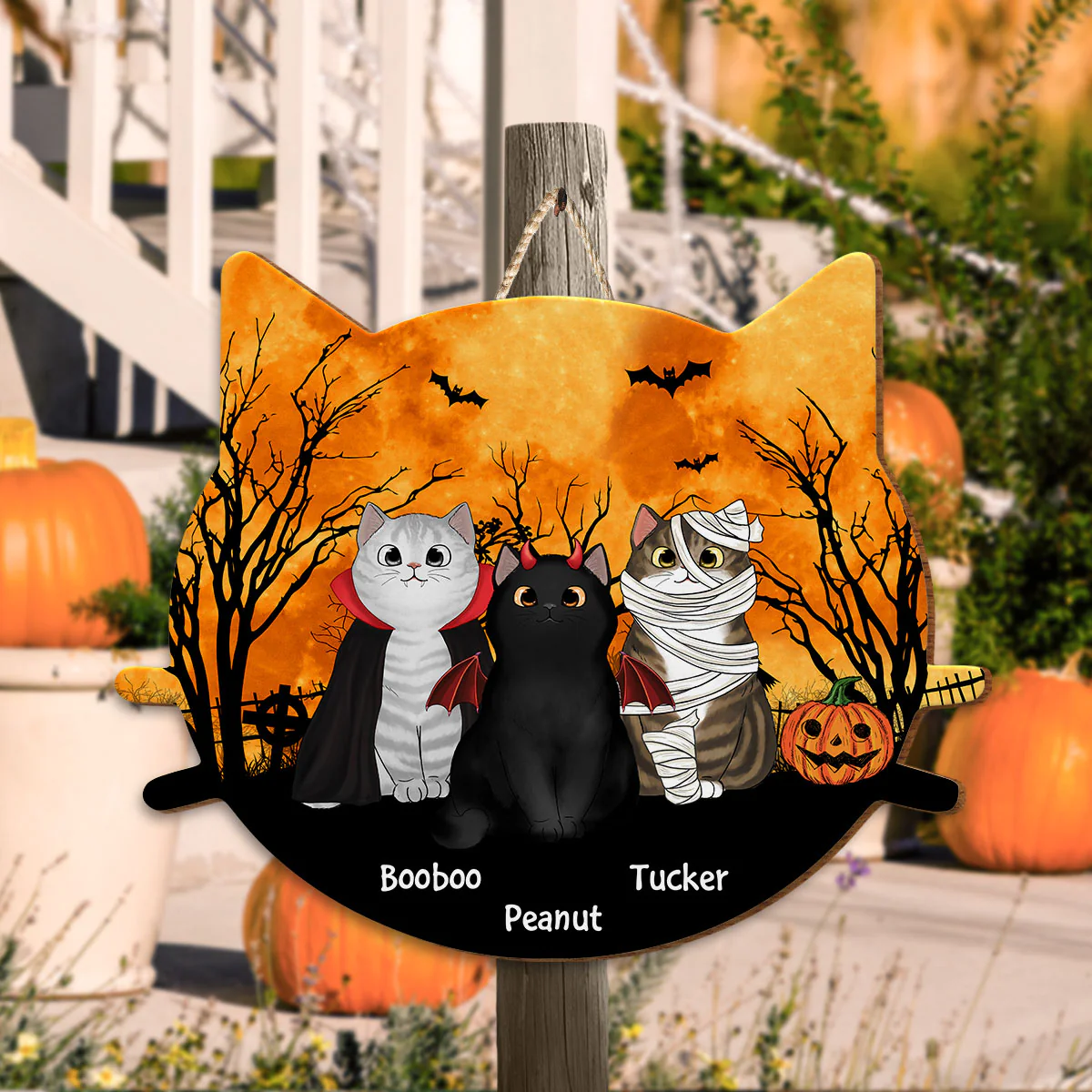 Halloween Cat Face Shaped Personalized Wooden Door Sign, Halloween Decor For Cat Moms - Image 11