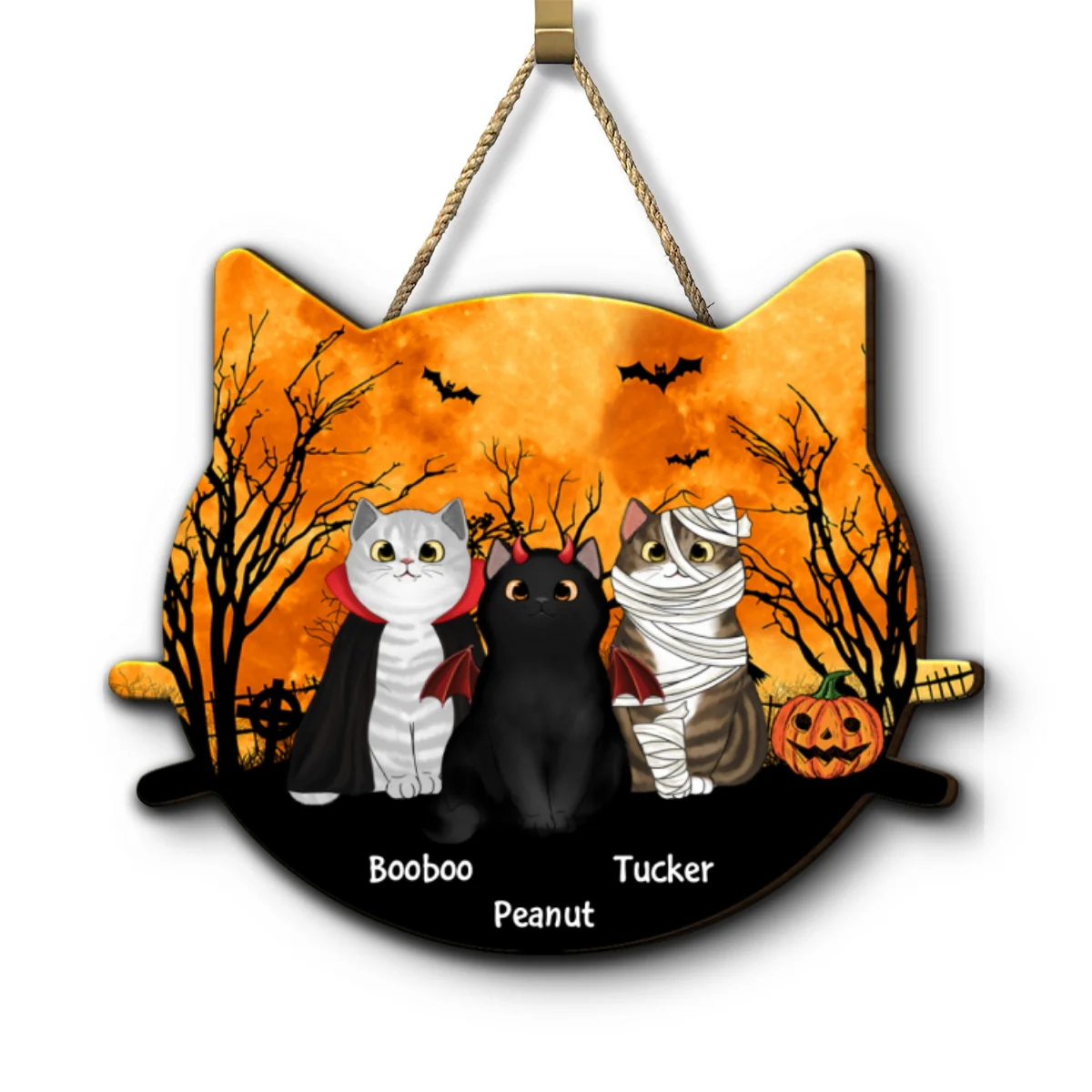 Halloween Cat Face Shaped Personalized Wooden Door Sign, Halloween Decor For Cat Moms - Image 12