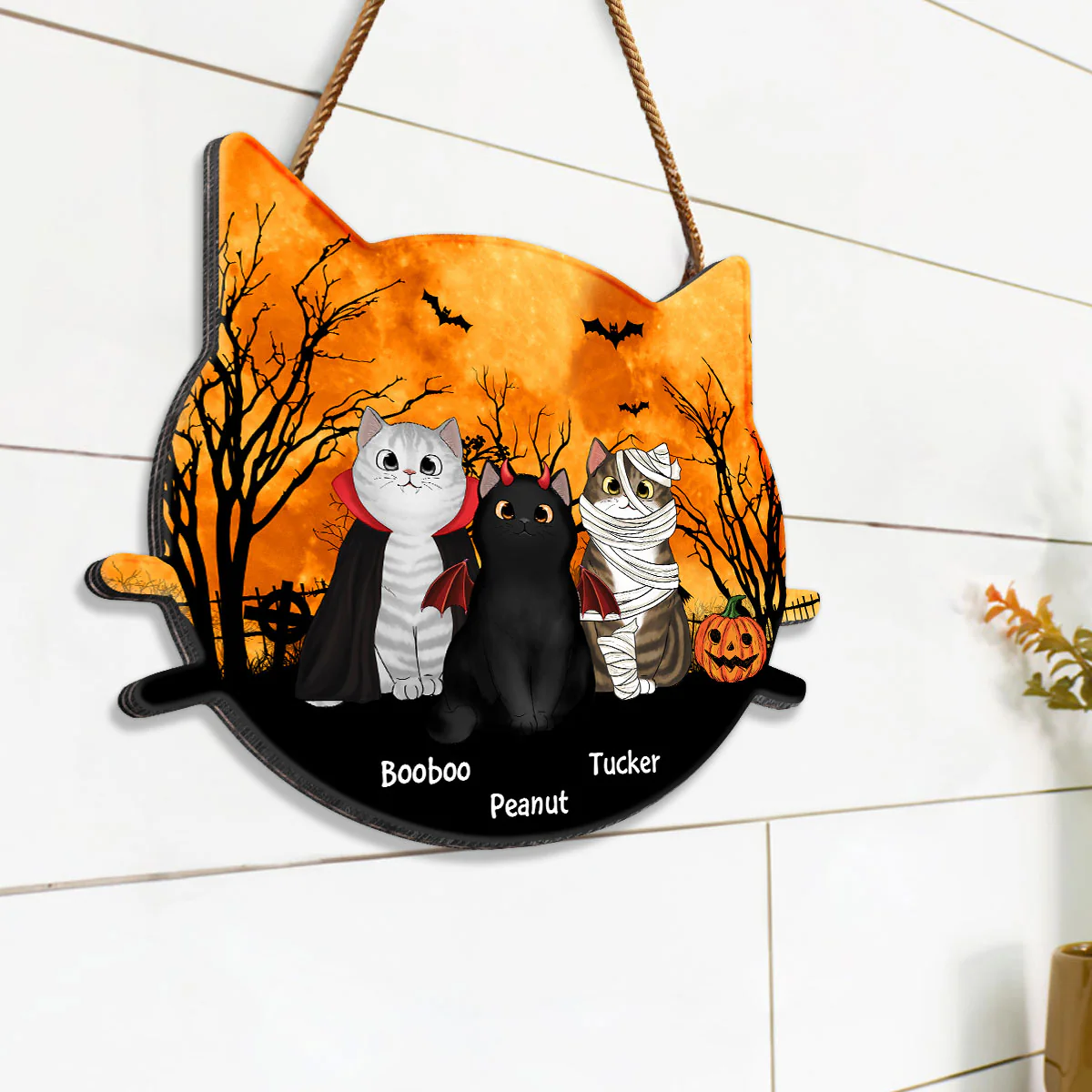 Halloween Cat Face Shaped Personalized Wooden Door Sign, Halloween Decor For Cat Moms - Image 6