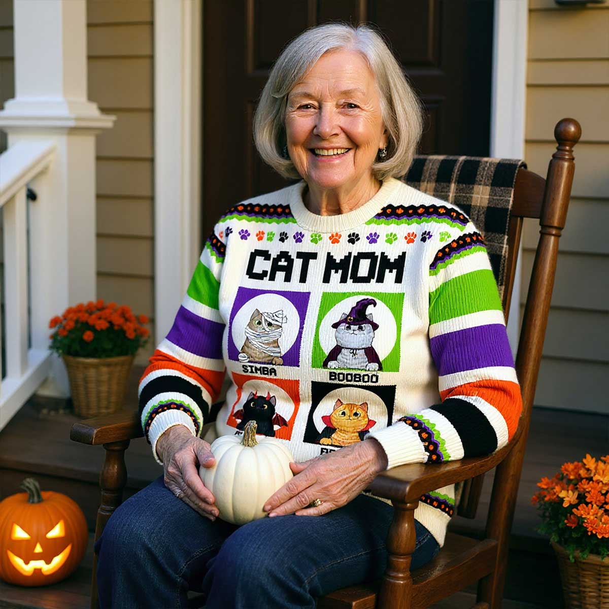 Halloween Cat Mom Personalized Faux Knitting Sweater - Image 2
