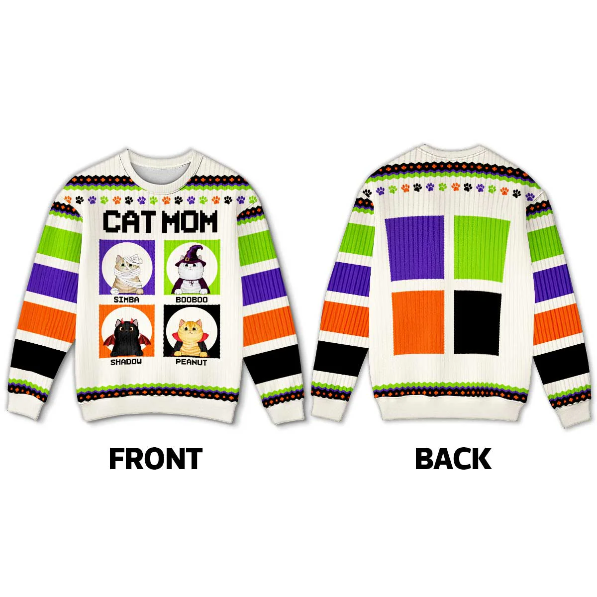Halloween Cat Mom Personalized Faux Knitting Sweater - Image 3