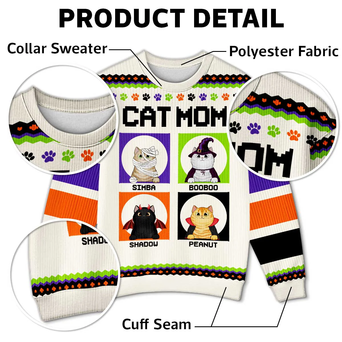 Halloween Cat Mom Personalized Faux Knitting Sweater - Image 4
