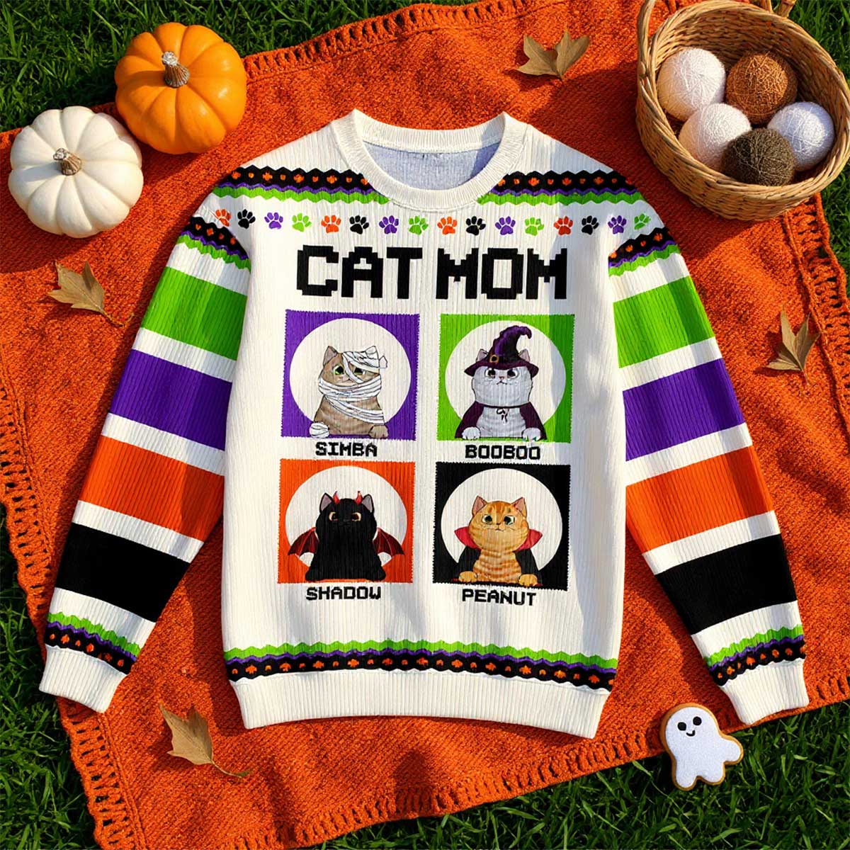 Halloween Cat Mom Personalized Faux Knitting Sweater - Image 6
