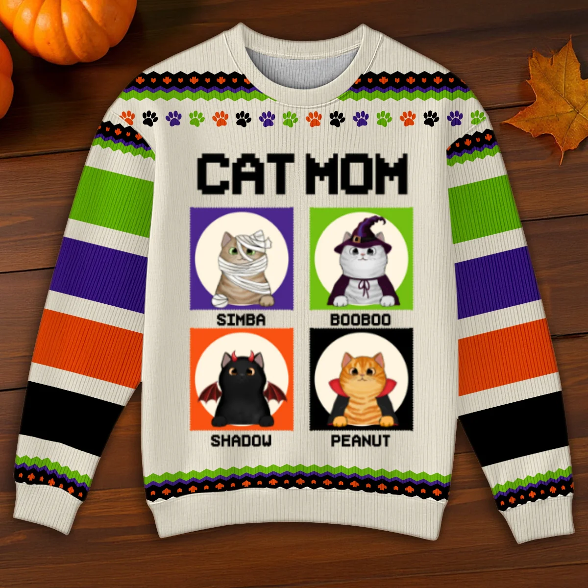 Halloween Cat Mom Personalized Faux Knitting Sweater - Image 8