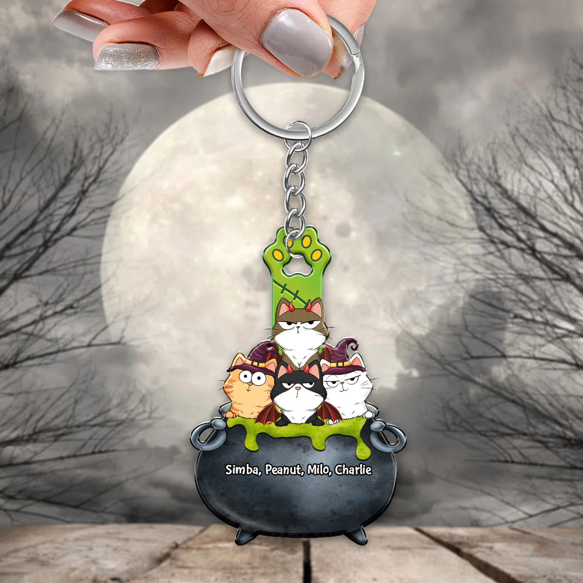 Halloween Cats In Poison Pot Personalized Acrylic Keychain - Image 3