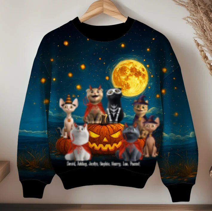 Halloween Cats Sitting in a Starry Night Personalized 3D Sweatshirt, Halloween Costume for Cat Lovers - Image 11