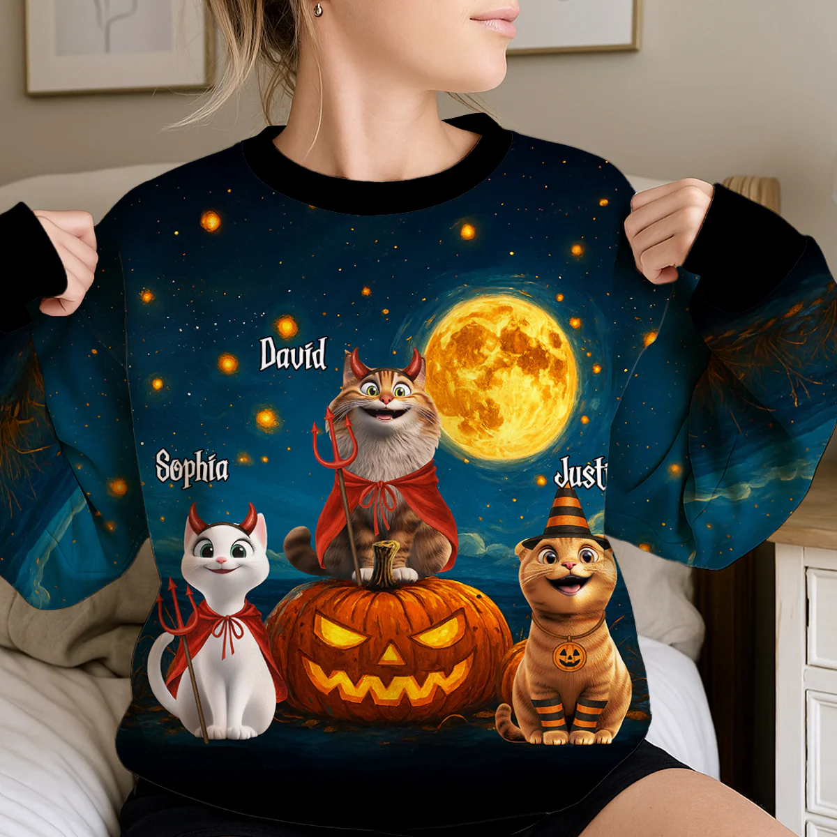 Halloween Cats Sitting in a Starry Night Personalized 3D Sweatshirt, Halloween Costume for Cat Lovers - Image 2