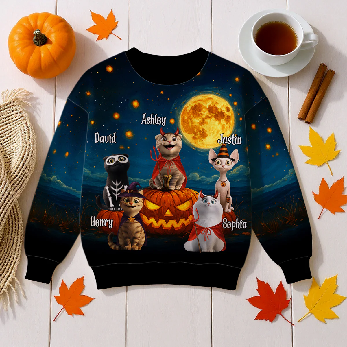 Halloween Cats Sitting in a Starry Night Personalized 3D Sweatshirt, Halloween Costume for Cat Lovers - Image 5