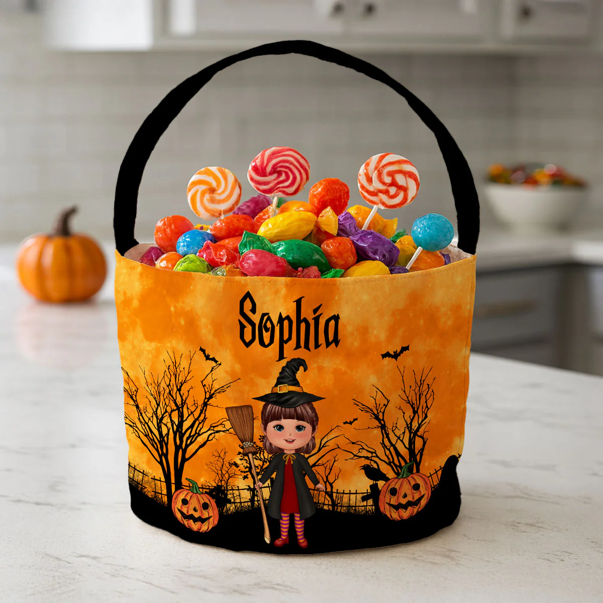 Halloween Character Moon Bat Tree Personalized Trick Or Treat Basket, Halloween Gift For Kids