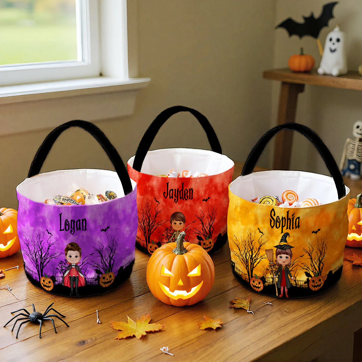 Halloween Character Moon Bat Tree Personalized Trick Or Treat Basket, Halloween Gift For Kids - Image 3