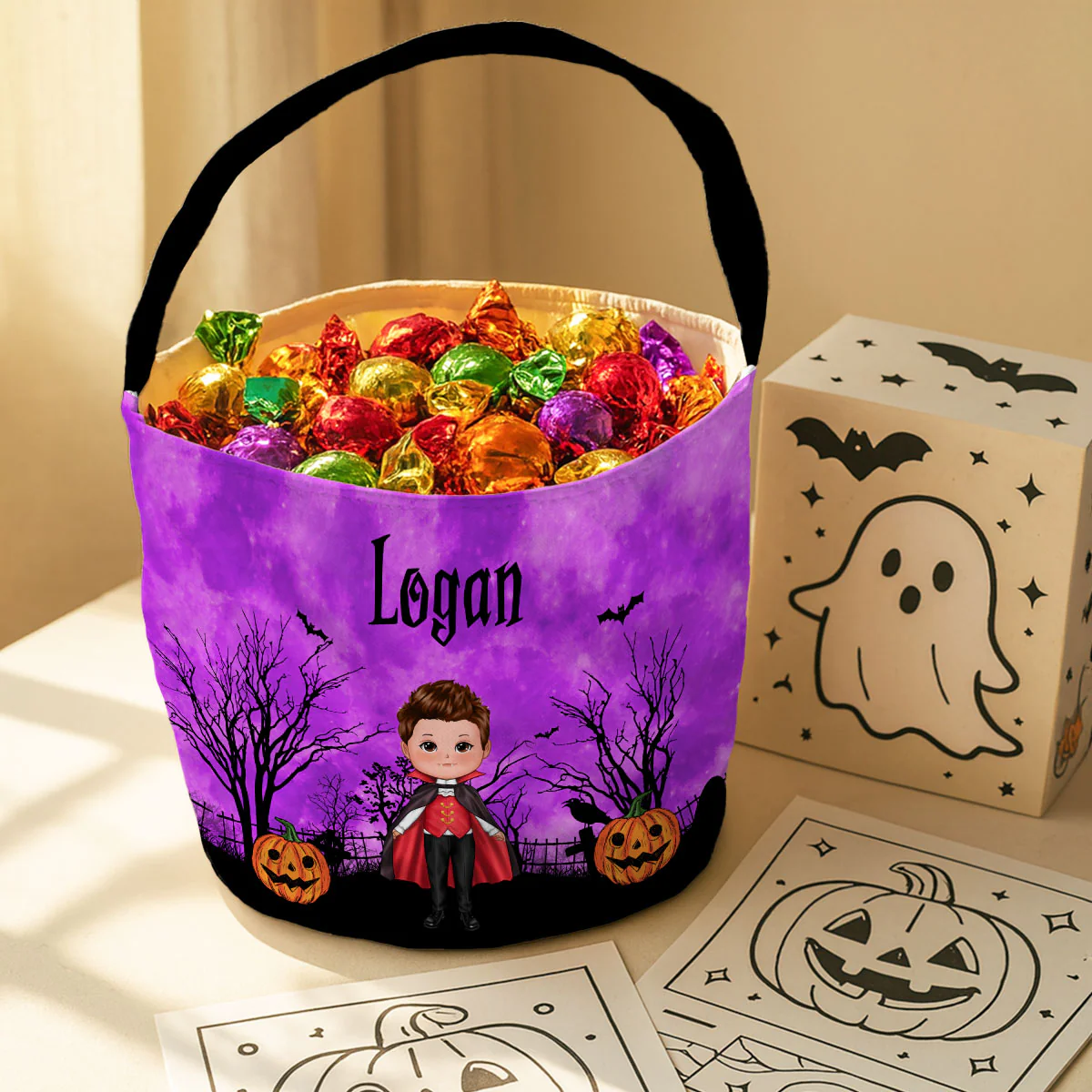 Halloween Character Moon Bat Tree Personalized Trick Or Treat Basket, Halloween Gift For Kids - Image 4