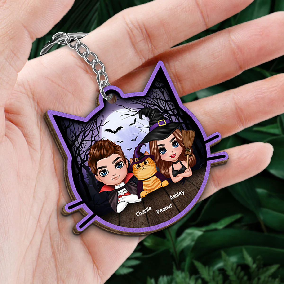 Halloween Couple And Fluffy Cats Cat Face Shape Personalized Wooden Keychain - Image 2