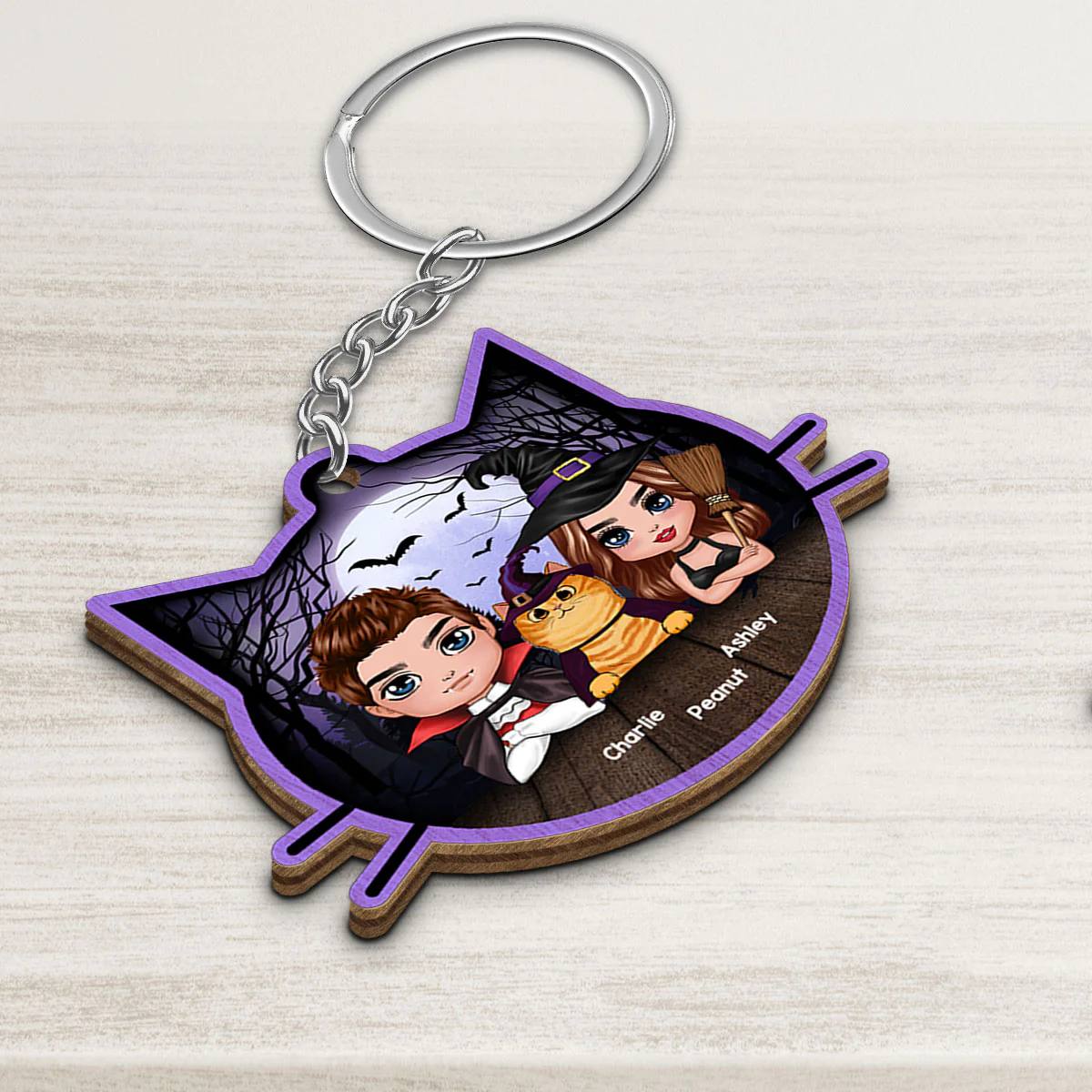 Halloween Couple And Fluffy Cats Cat Face Shape Personalized Wooden Keychain - Image 3