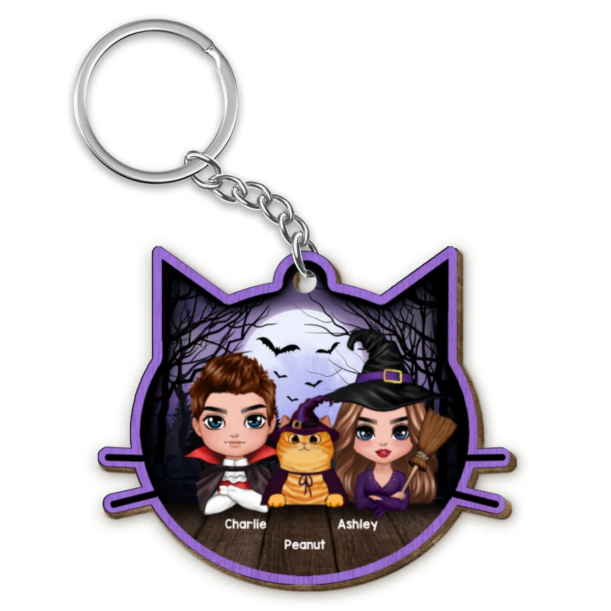 Halloween Couple And Fluffy Cats Cat Face Shape Personalized Wooden Keychain - Image 4