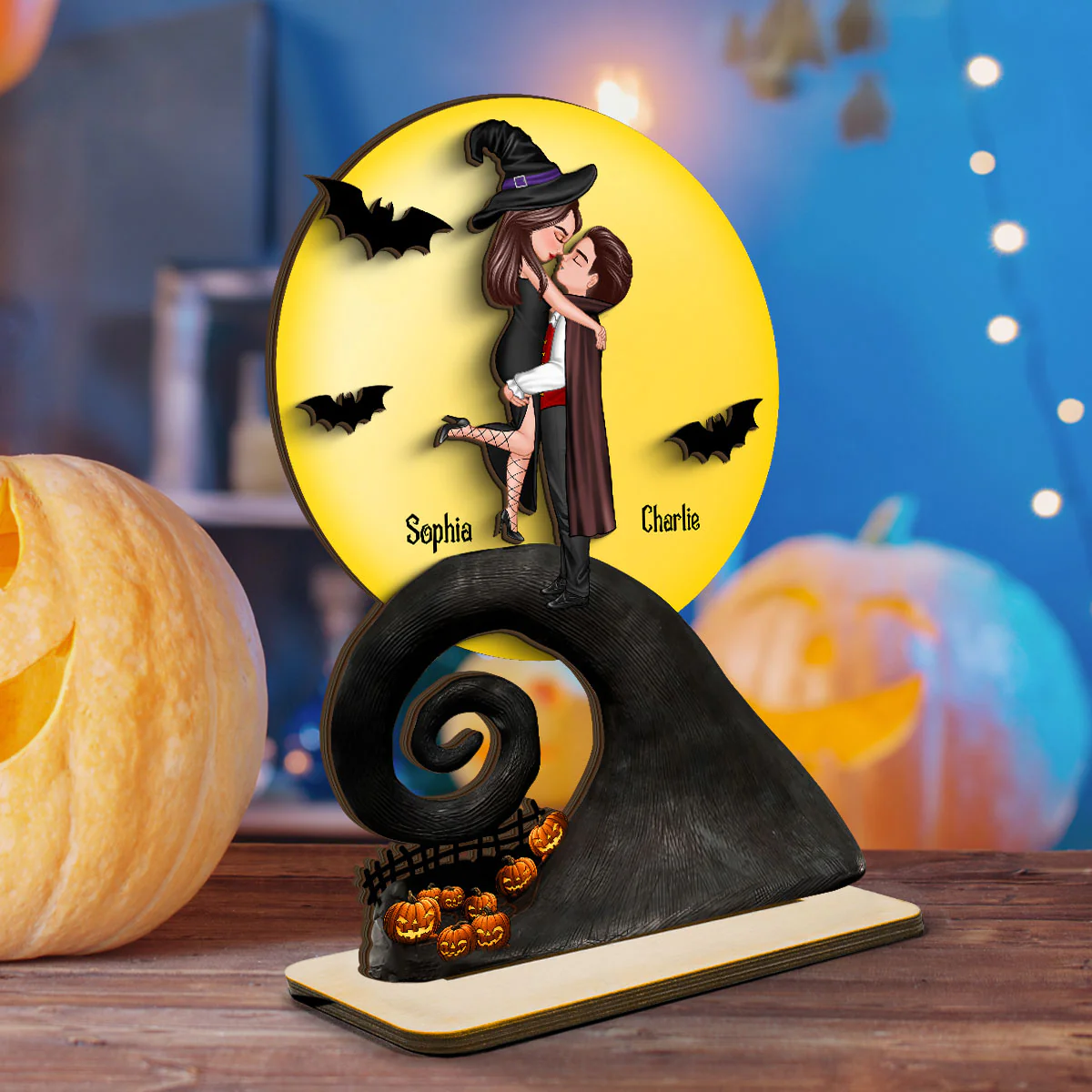 Halloween Couple Hugging Kissing On Cliff Personalized 2-Layer Standing Wooden Plaque, Gift for Her, Gift for Couple - Image 5