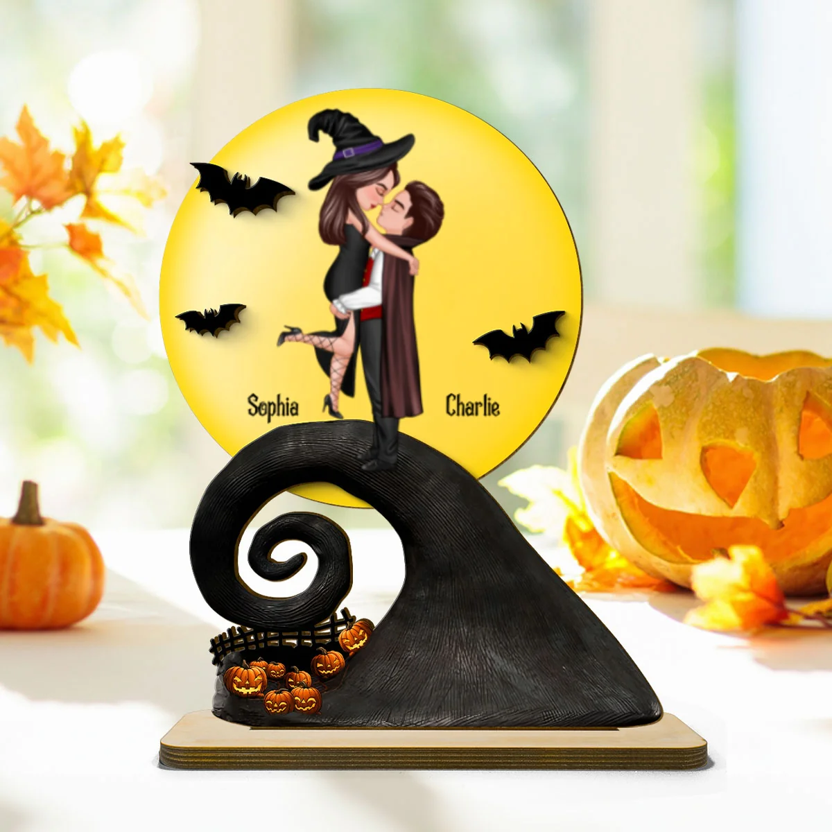 Halloween Couple Hugging Kissing On Cliff Personalized 2-Layer Standing Wooden Plaque, Gift for Her, Gift for Couple - Image 9