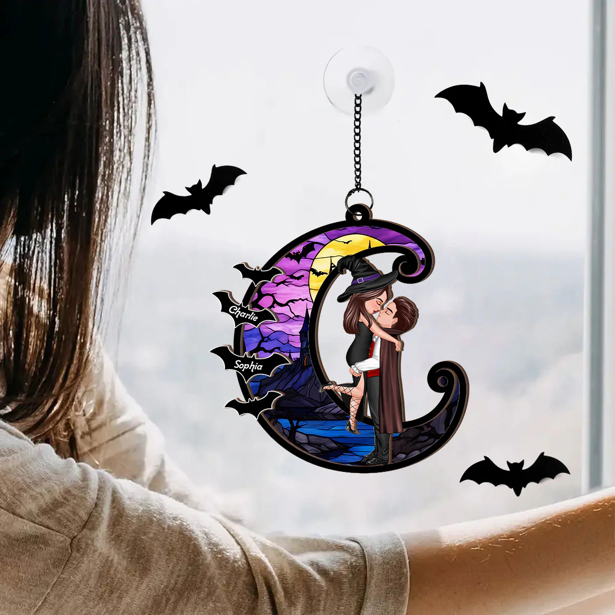 Halloween Couple Hugging Kissing On Moon Personalized Suncatcher, Halloween Decor - Image 5