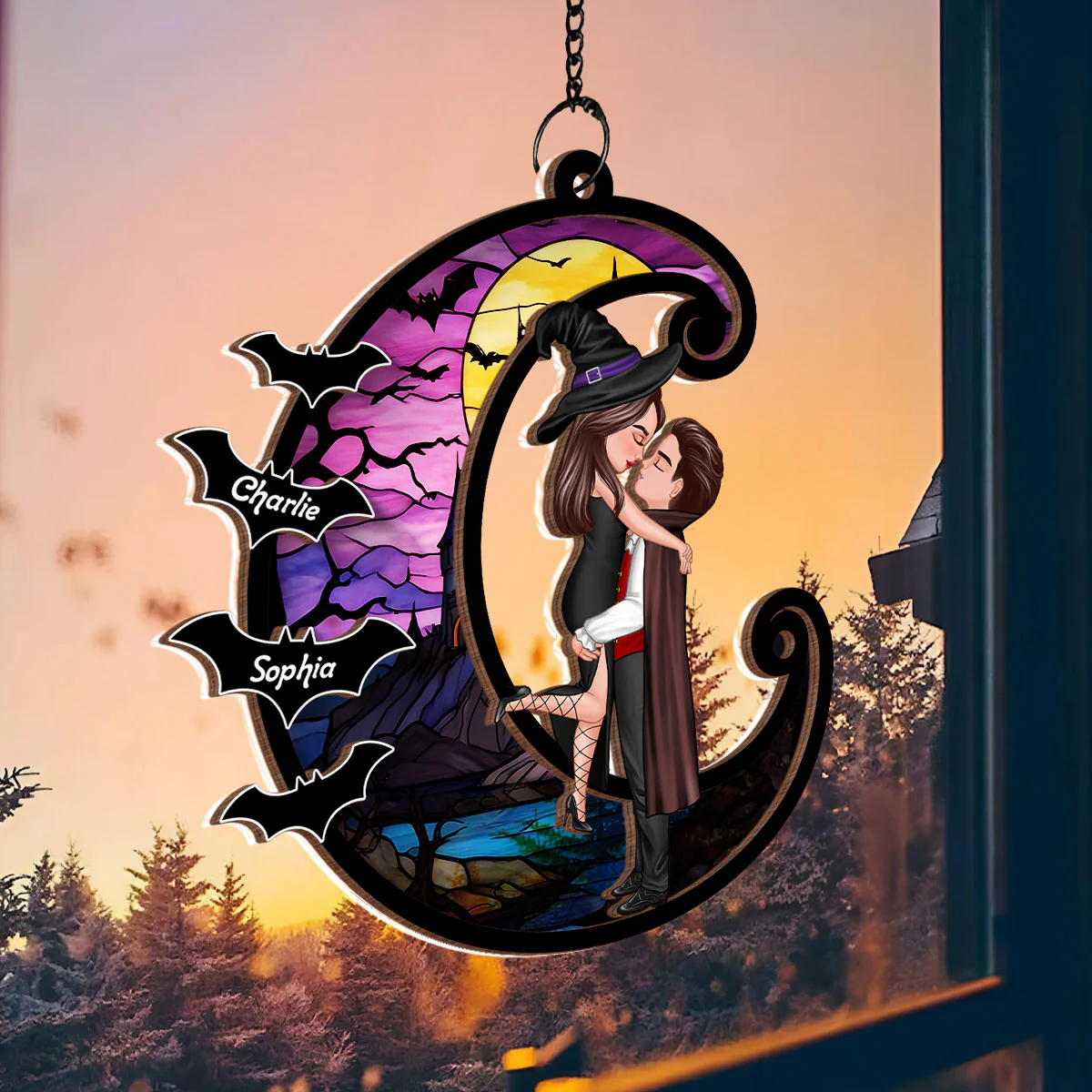 Halloween Couple Hugging Kissing On Moon Personalized Suncatcher, Halloween Decor - Image 7