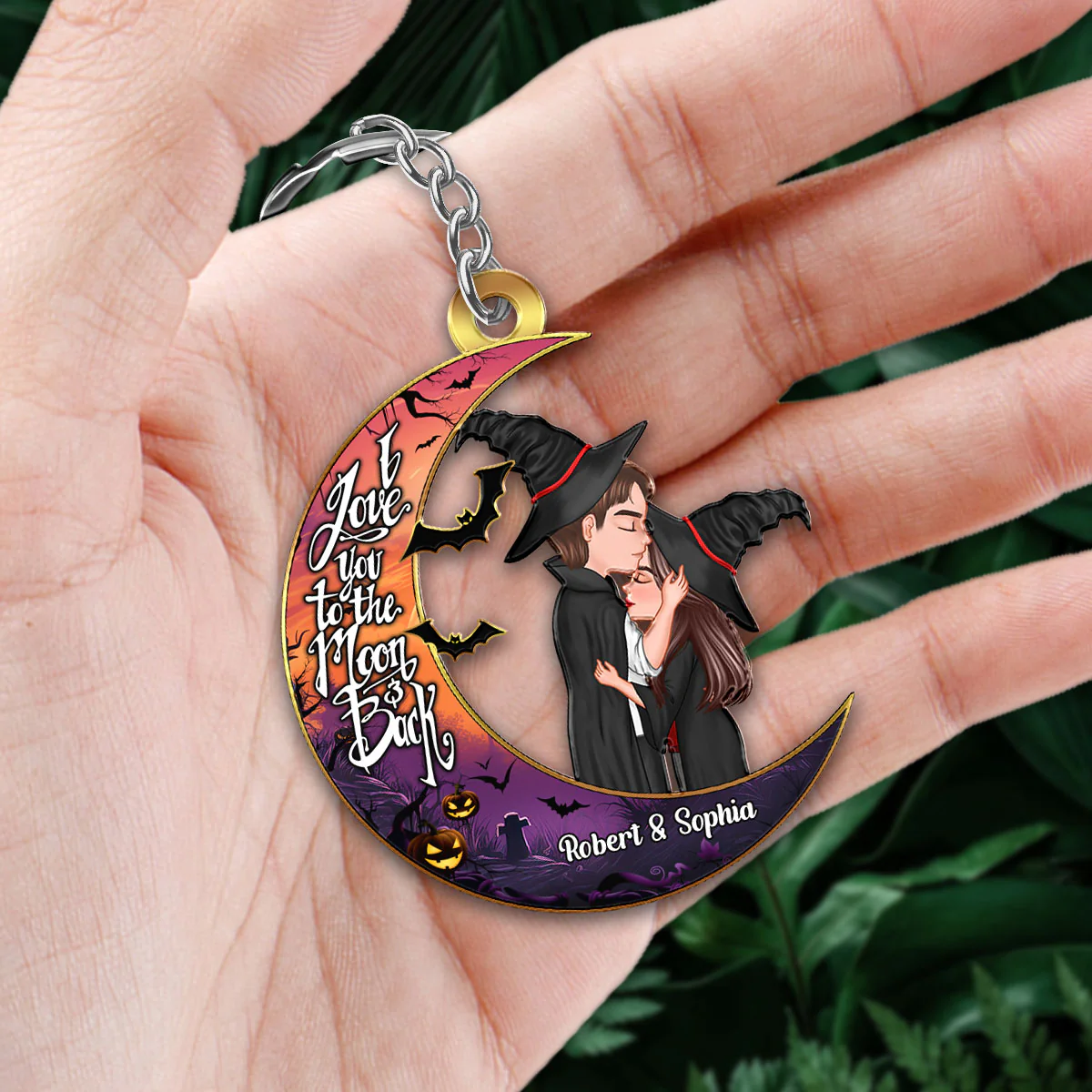 Halloween Couple Kissing On Moon Personalized Keychain - Image 2
