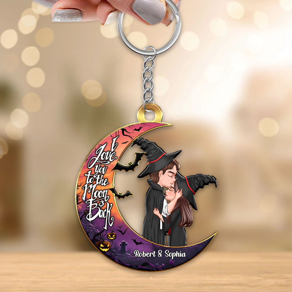 Halloween Couple Kissing On Moon Personalized Keychain - Image 3