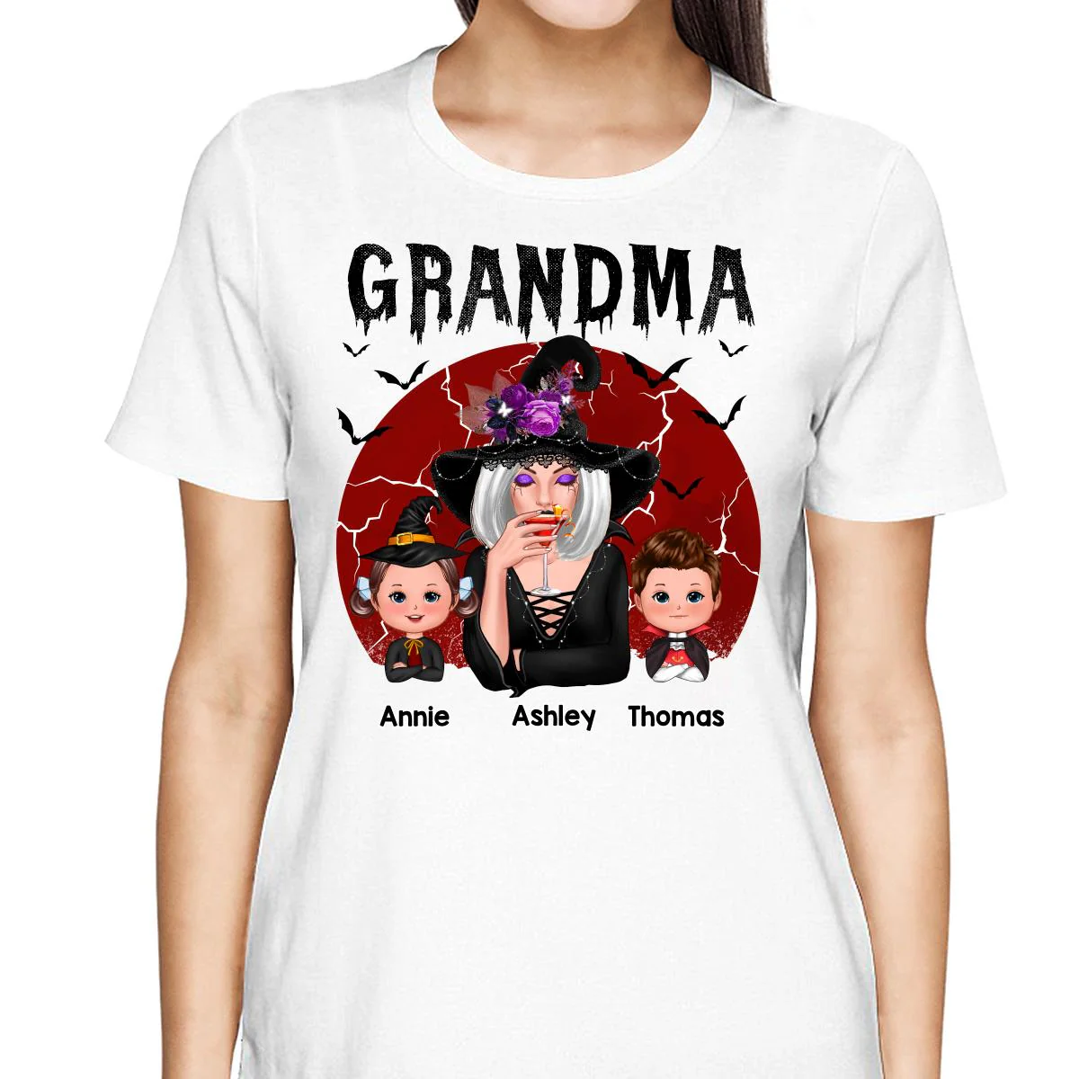 Halloween Cracked Moon Grandma With Grandkids Personalized Shirt - Image 2