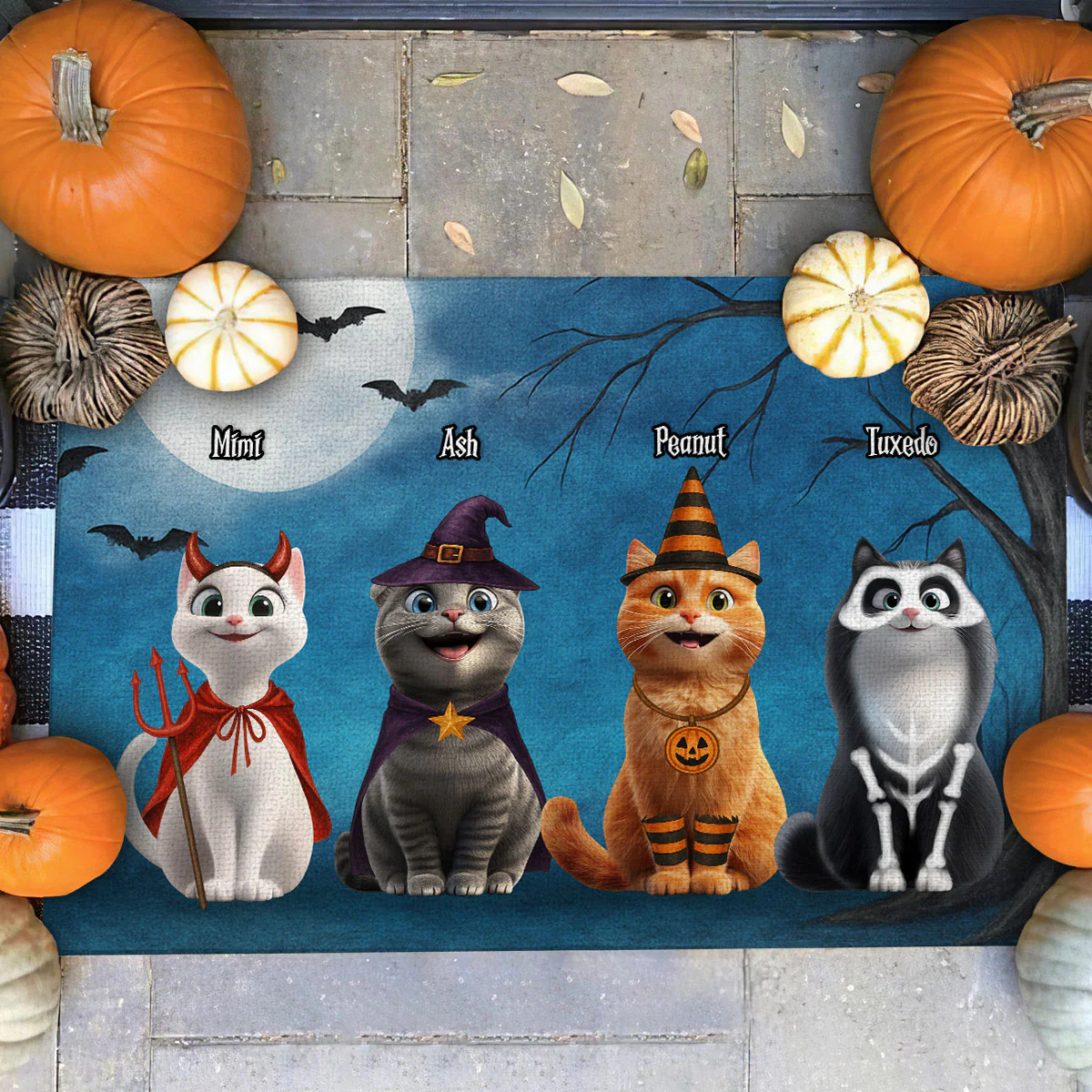 Halloween Cute Cats Sitting in the Moon Light Personalized Doormat, Halloween Decor for Cat Lovers - Image 2
