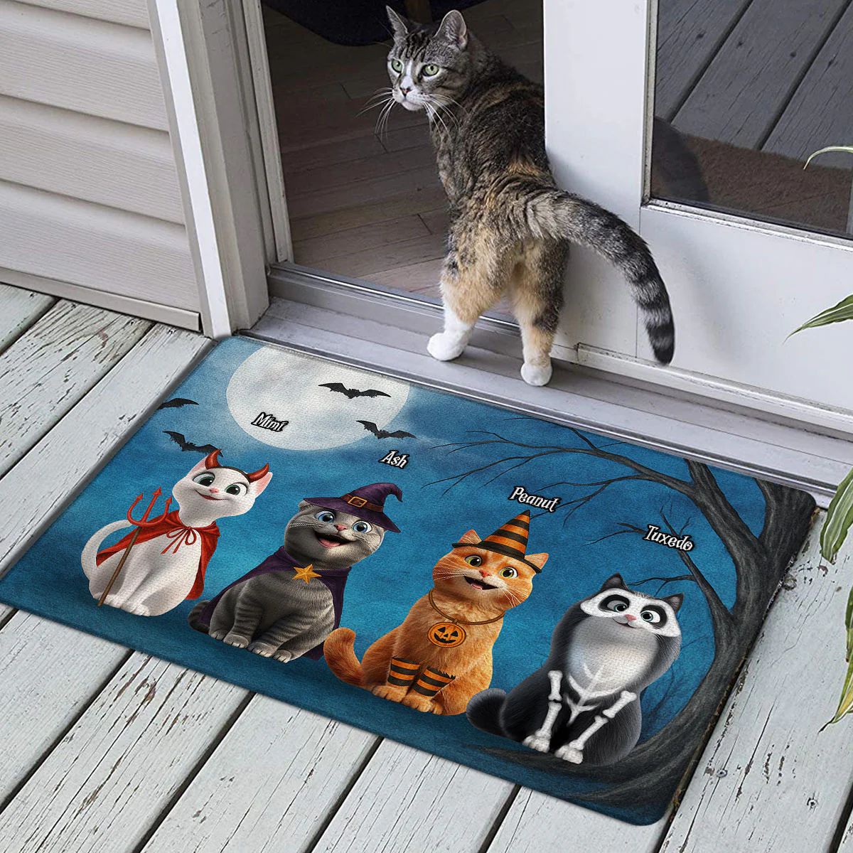 Halloween Cute Cats Sitting in the Moon Light Personalized Doormat, Halloween Decor for Cat Lovers - Image 4