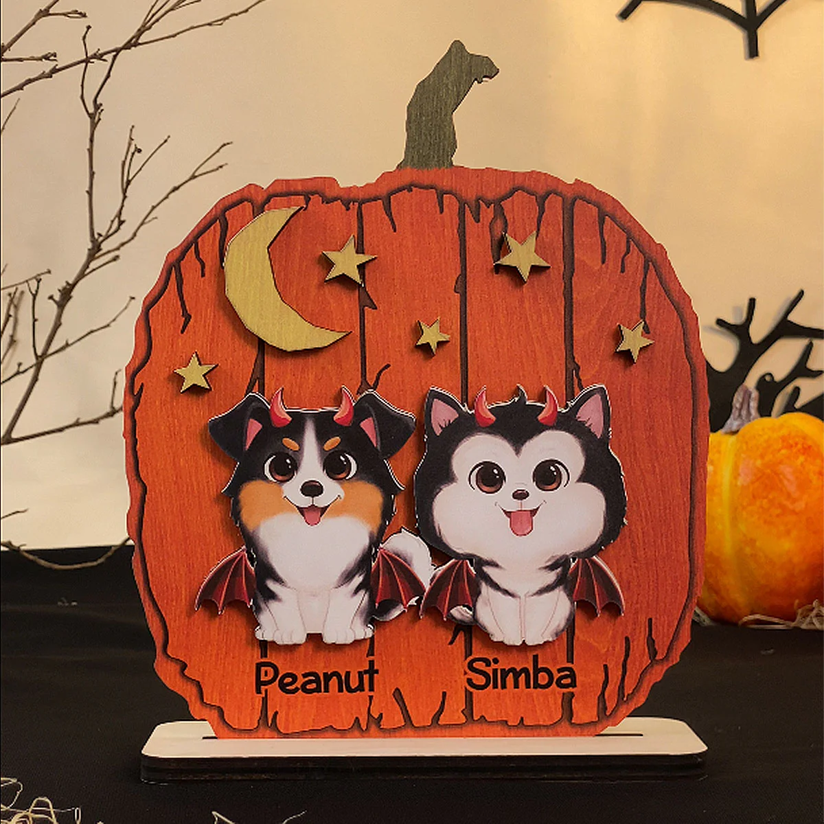 Halloween Dog Pumpkin Shaped Personalized 2-Layer Standing Wooden Plaque - Image 10